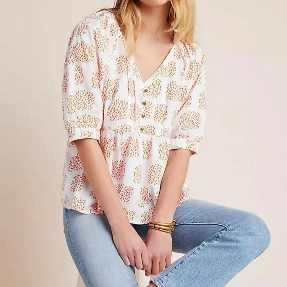 Anthopologie Moglea Danae Poplin Babydoll Blouse Sz XS White/Orange Boho NWT - Picture 1 of 12